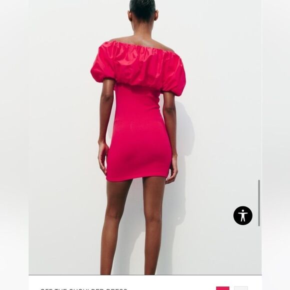Zara smocked Puff OFF‎ THE SHOULDER DRESS in hot pink S - Picture 1 of 5